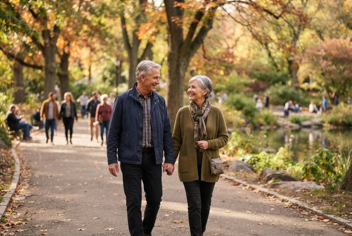 Smiling older couple holding hands on a park path in autumn, with trees, a pond and people in the background.