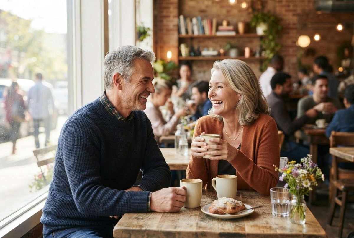 Couple in their fifties laughing over coffee in a cafe, representing the most popular dating site for over 50