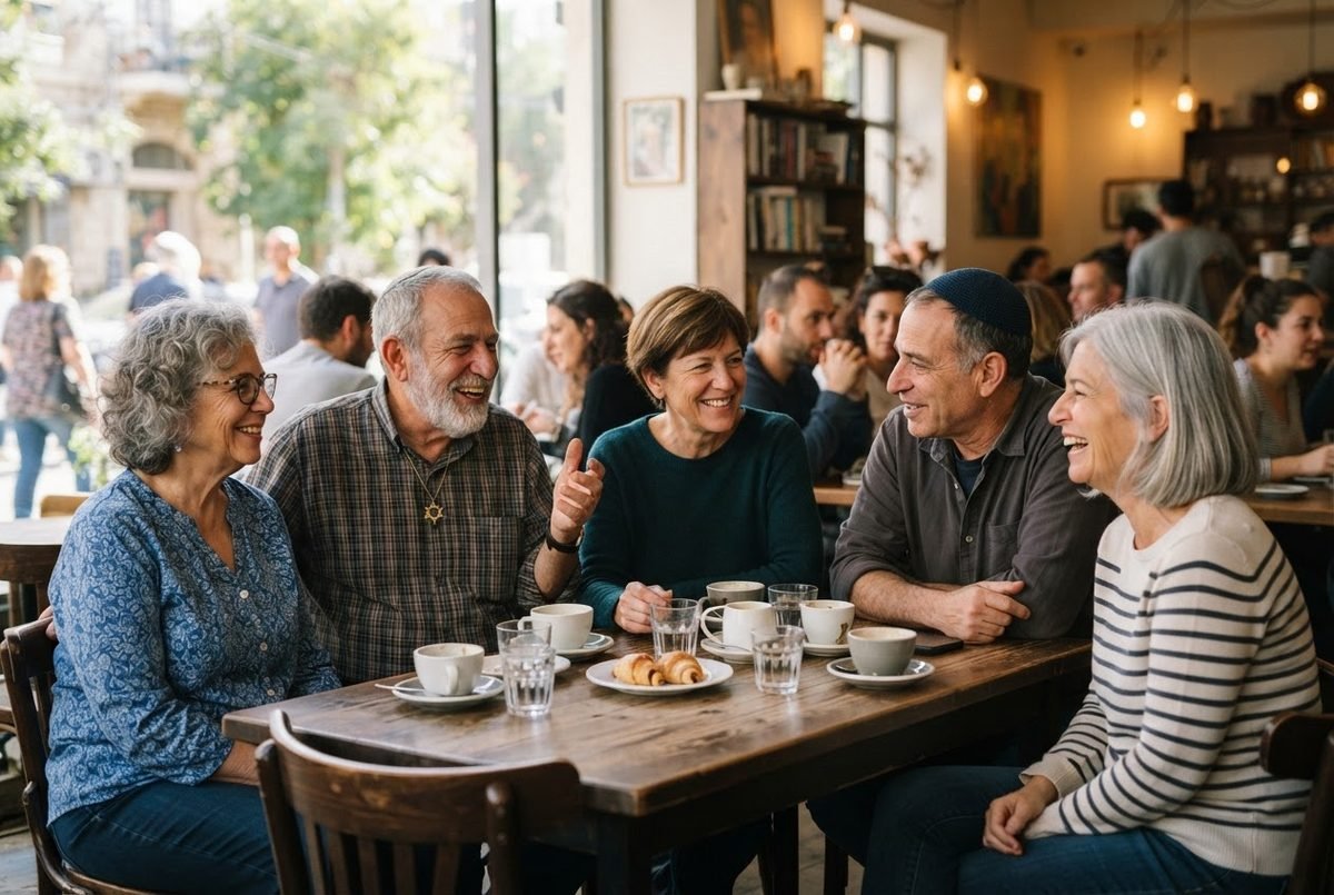 Five older adults laugh together at a wooden cafe table with coffee cups and a pastry; one man wears a kippah.