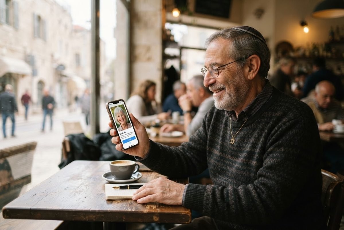 Senior checking a dating profile on a smartphone
