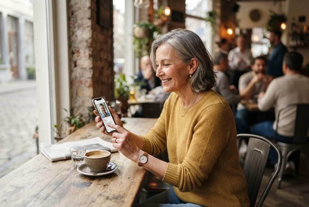 Smiling senior woman with gray hair in a mustard sweater looks at her smartphone at a café table with coffee.