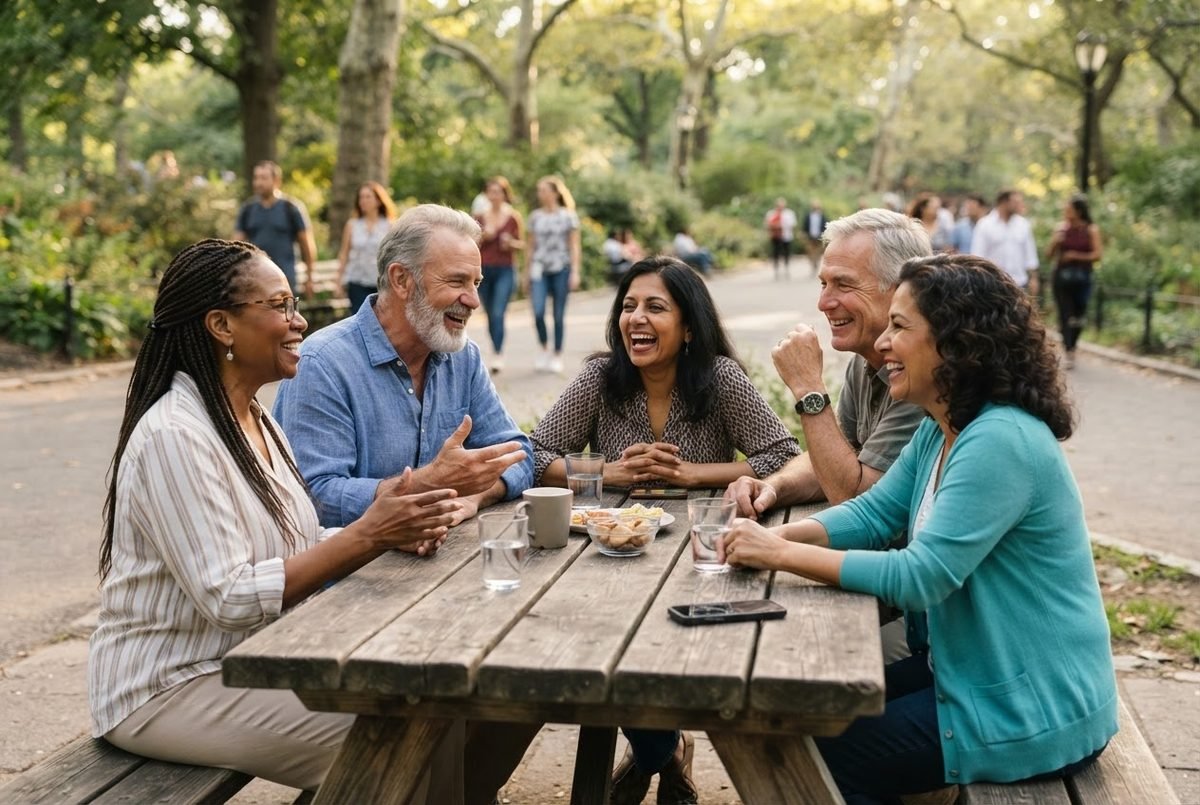 Five smiling older adults laugh and chat at a wooden picnic table in a leafy park; a smartphone lies on the table.