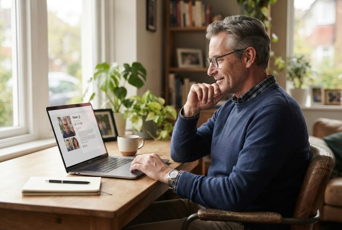 Older man reading an online dating profile on his laptop, cup of tea nearby.