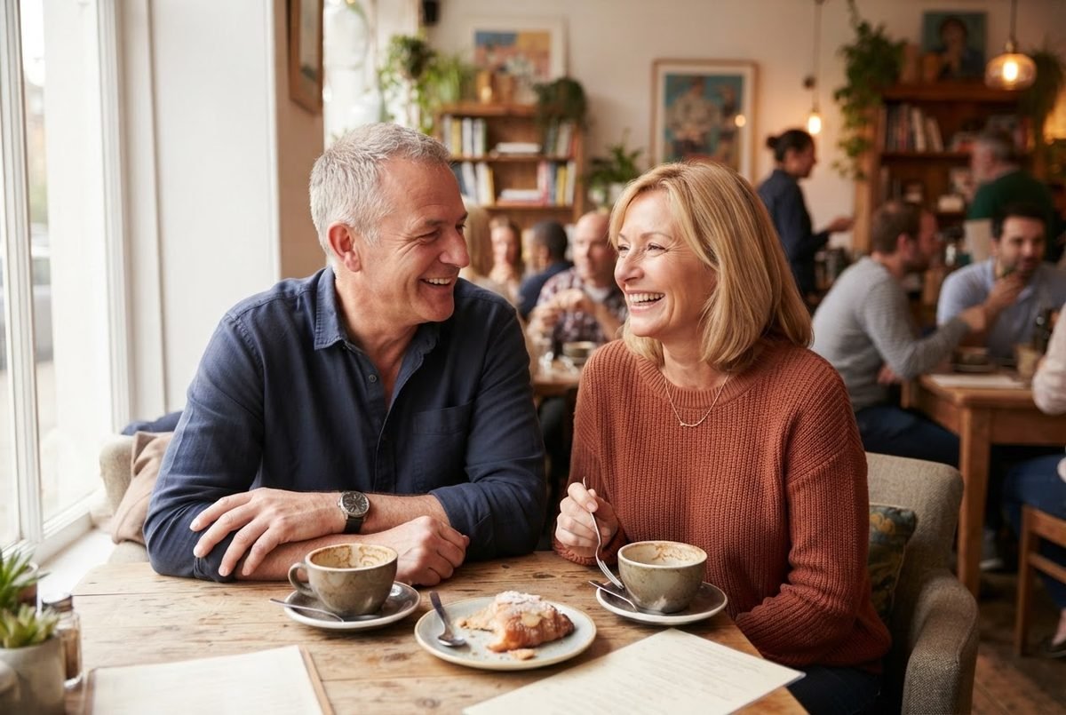 Smiling older couple laughing over coffee at a café table, illustrating online dating services for over 50.