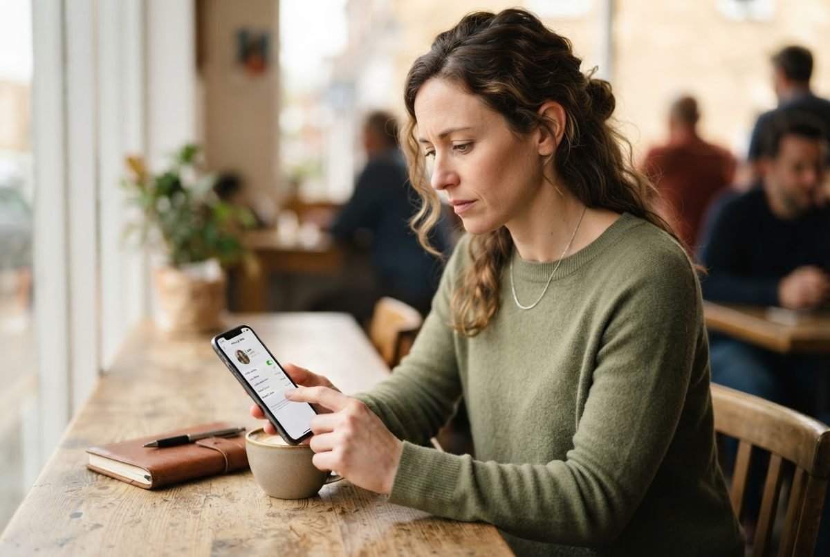 Woman with curly brown hair in an olive sweater checks a dating app profile on her phone at a café table.