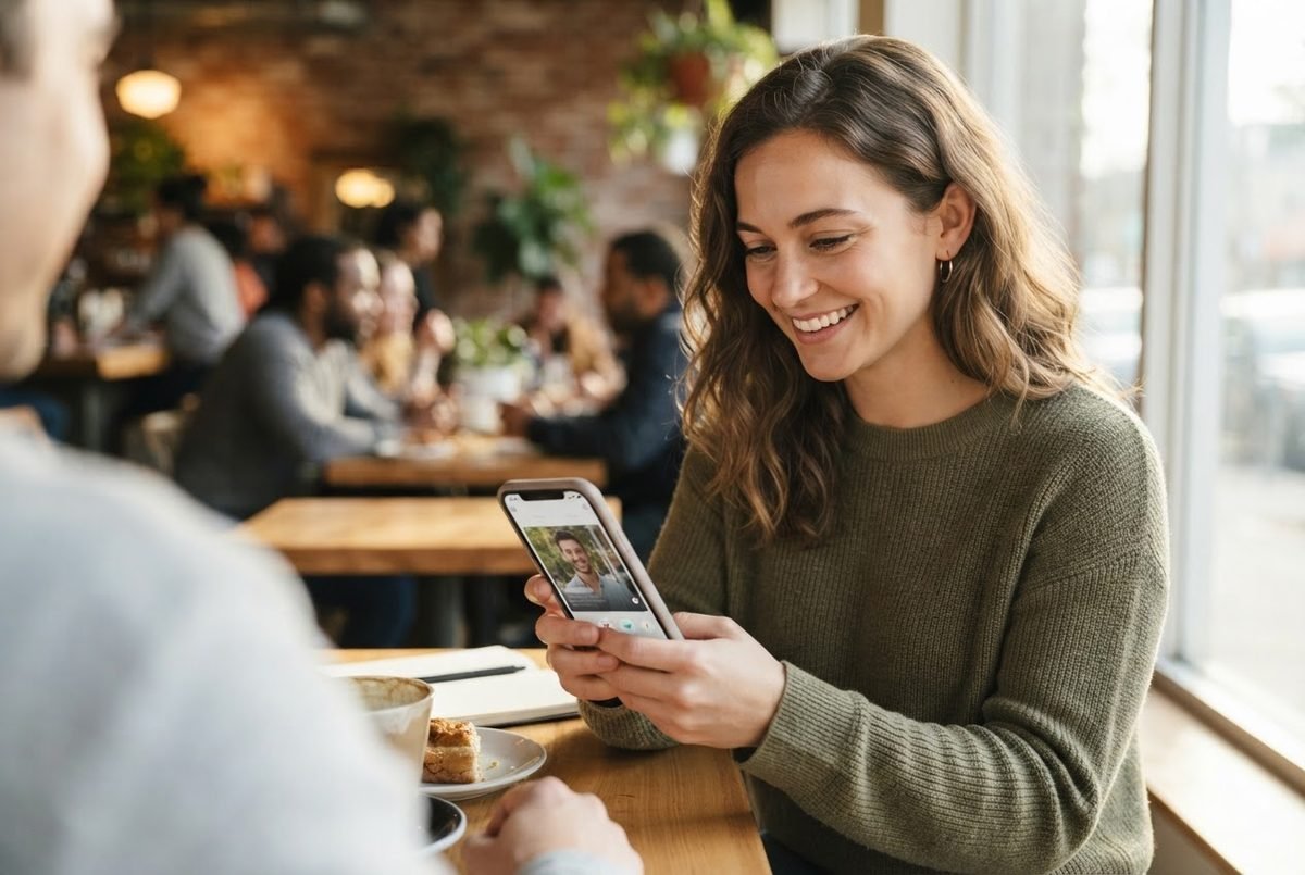 Smiling woman in an olive sweater looks at a dating profile on her phone at a café table with a slice of cake.