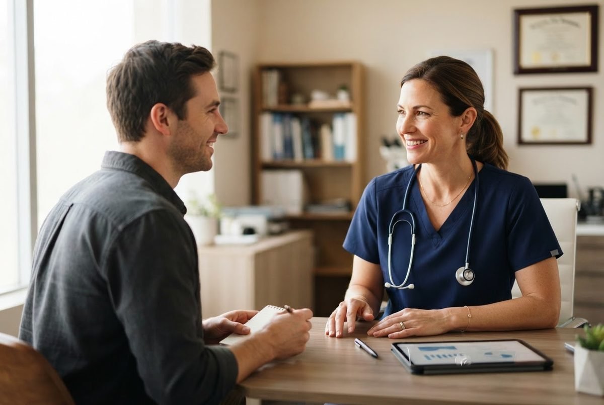Smiling female doctor in navy scrubs with a stethoscope talks with a man across a desk in a bright clinic office, with a tablet and pen on the table.