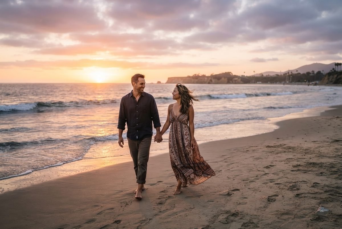 A man in a dark shirt and a woman in a long patterned dress hold hands and walk barefoot on a beach at sunset.
