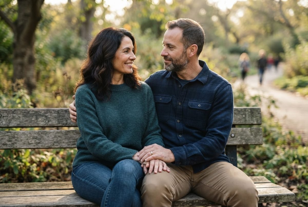 Smiling couple holding hands on a park bench, looking at each other, for std personals on trust and support.