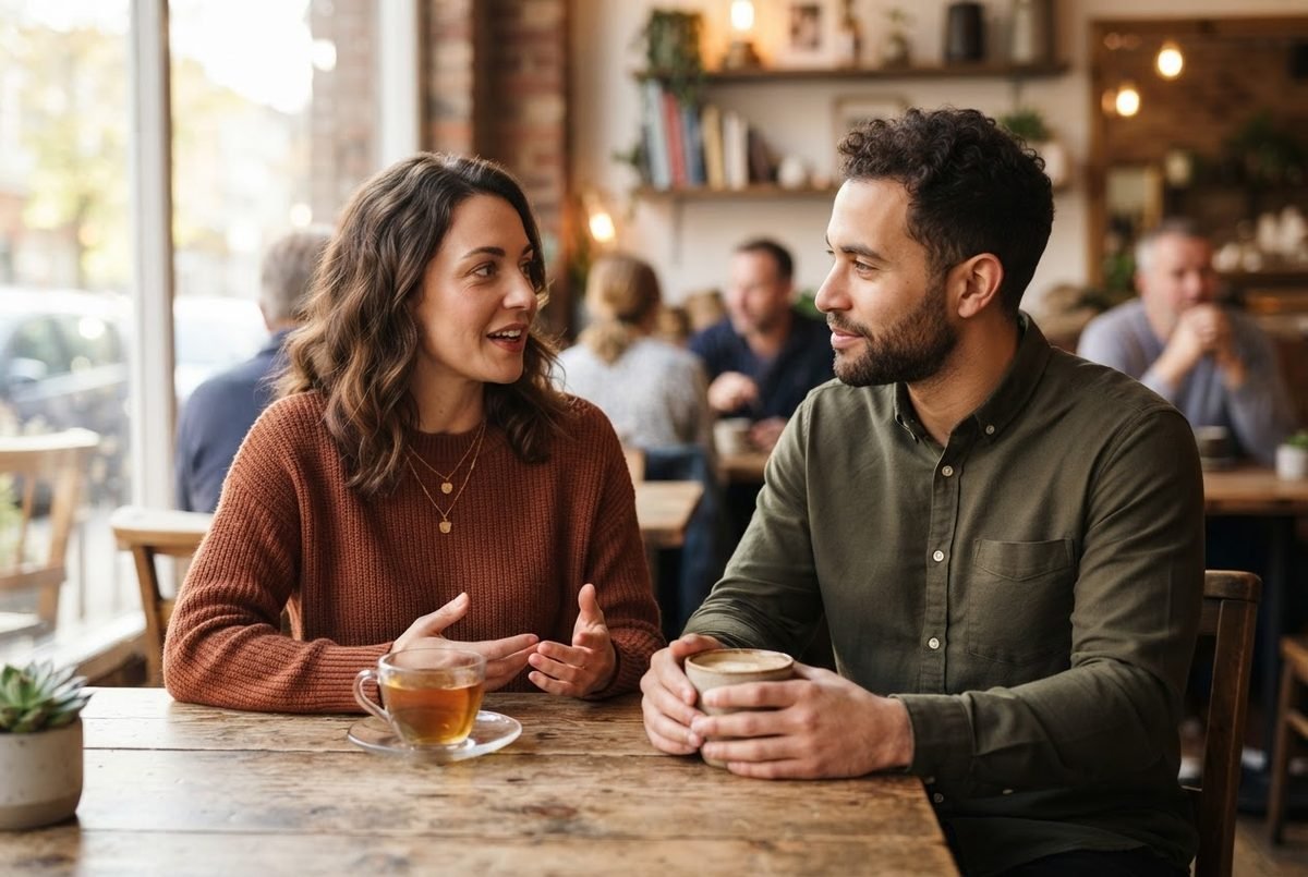 A man in an olive shirt listens attentively as a woman in a rust sweater talks across a café table with tea.