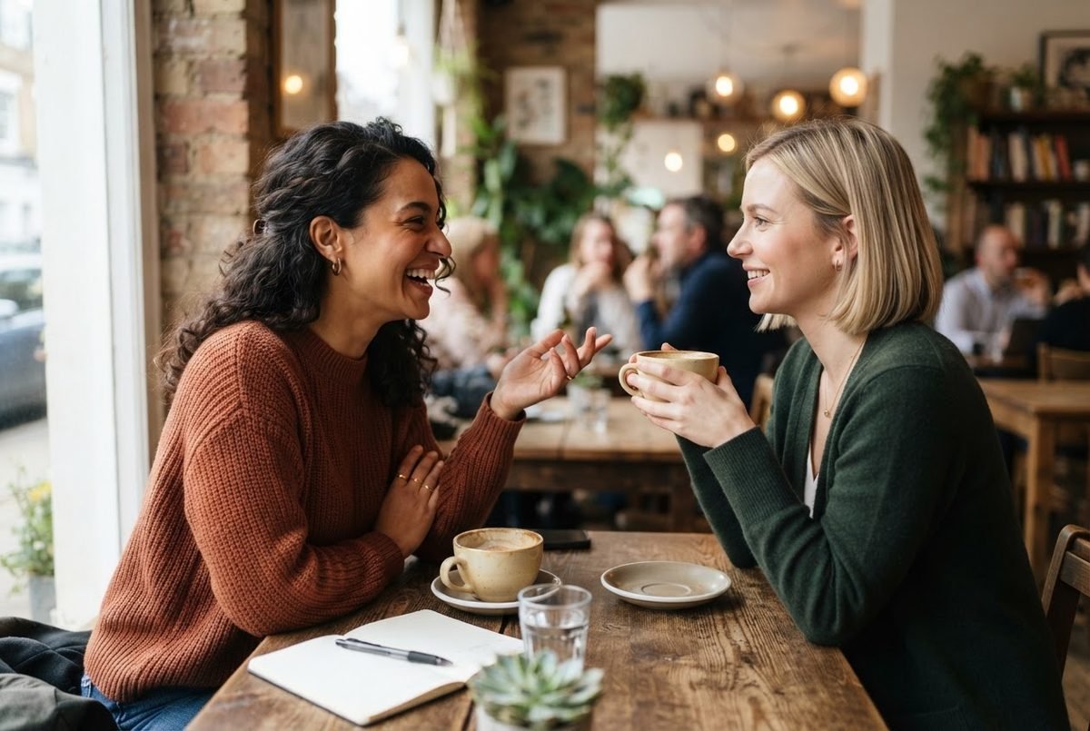 Two women laughing and chatting over coffee at a wooden café table with a notebook and small succulent plant.