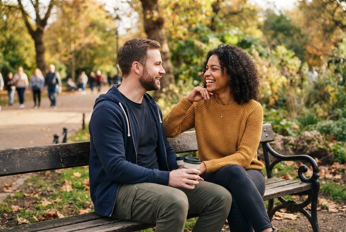 A laughing man and woman sit close on a park bench, illustrating things women want in a relationship.