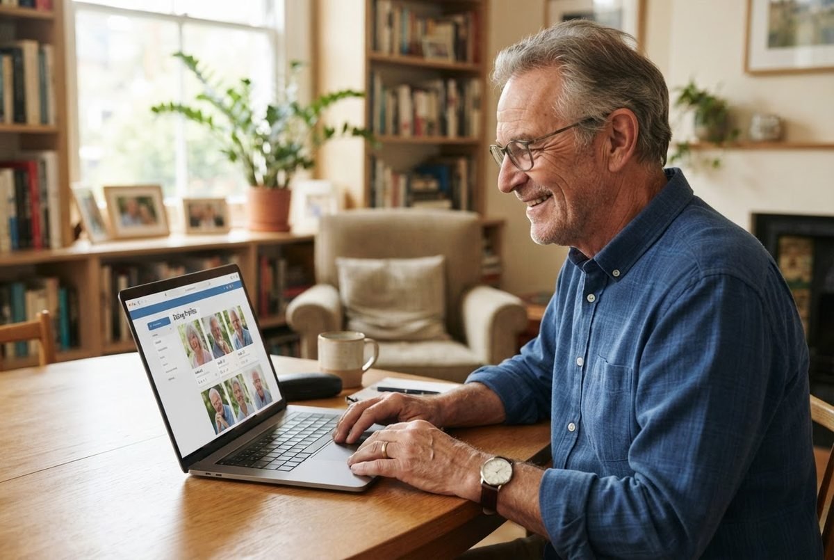 Senior man browsing a dating site on his laptop