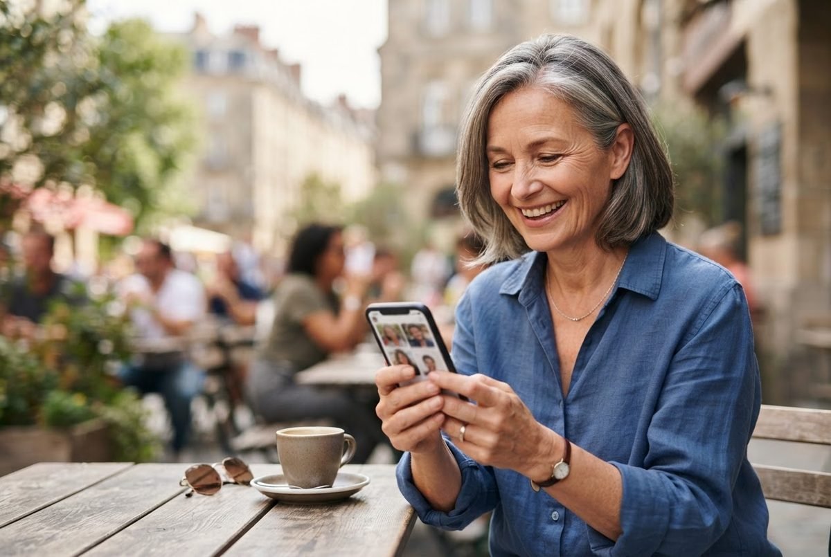 Smiling gray-haired woman in blue shirt uses a smartphone at an outdoor café table with coffee and sunglasses.