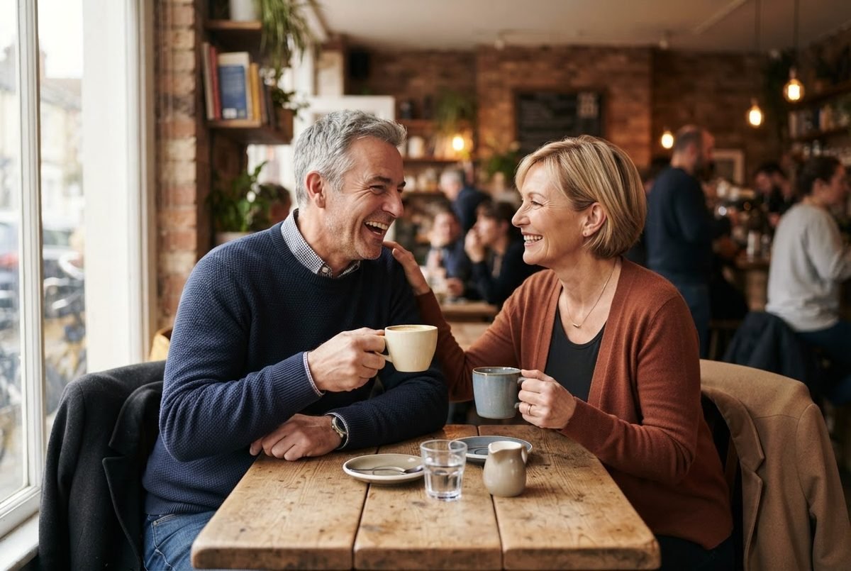 Smiling mature couple sharing coffee in a café, illustrating top rated dating sites for over 50.