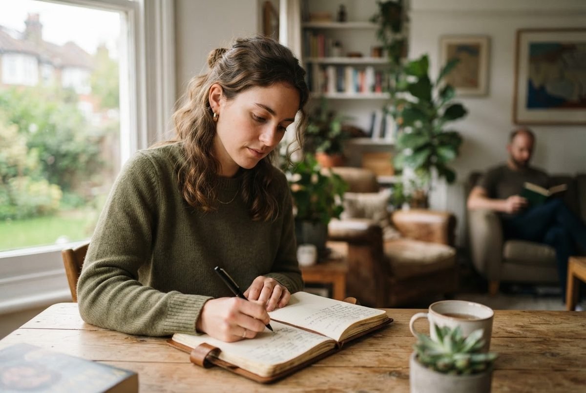 Woman in an olive sweater writing in a notebook at a wooden table, with a man reading in the living room behind her.