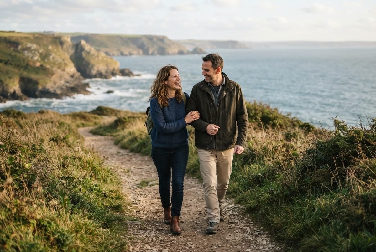 A smiling woman and man walk arm in arm along a rocky coastal path above the sea and cliffs.
