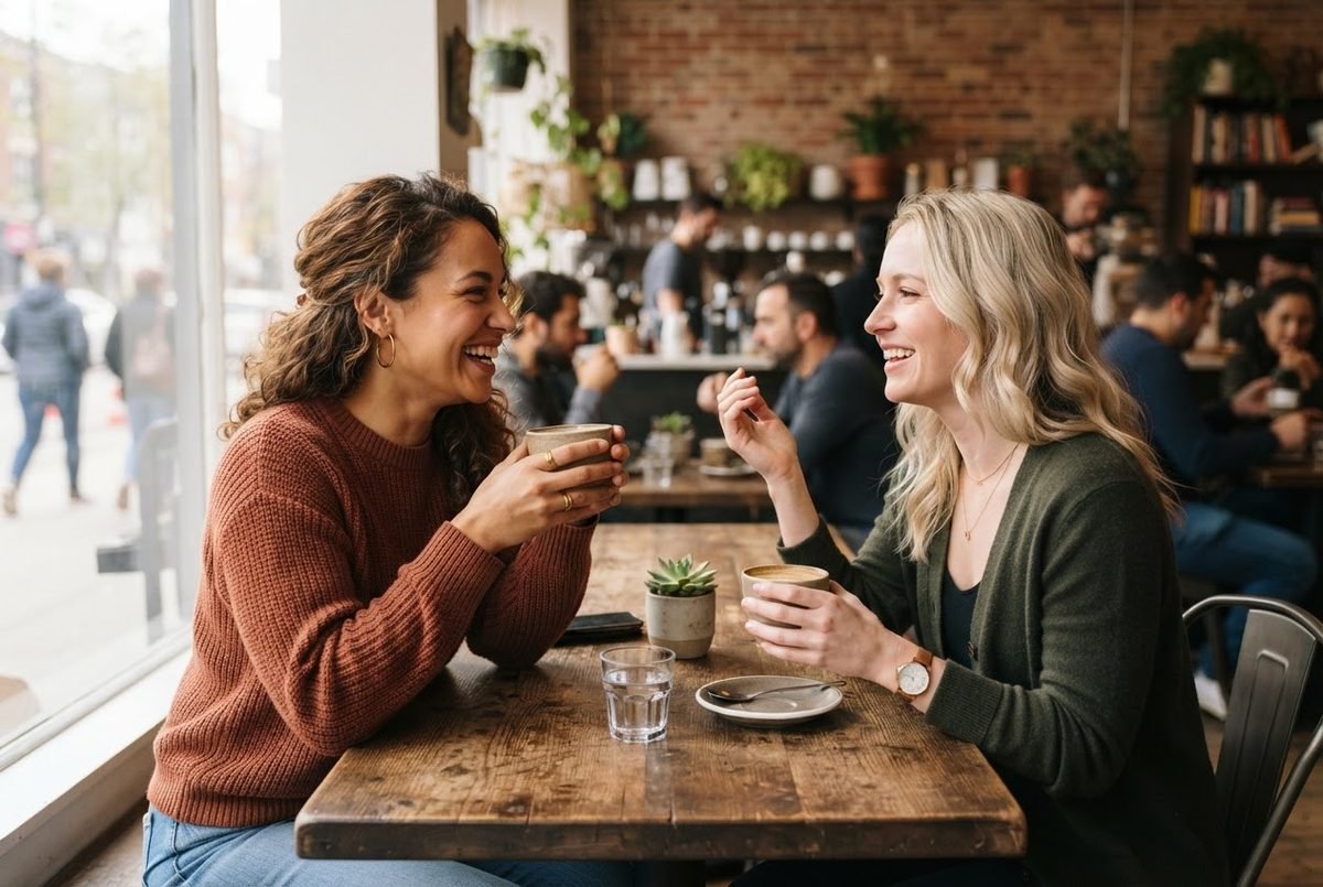 Two smiling women chat over coffee at a wooden table in a bright café beside a window.