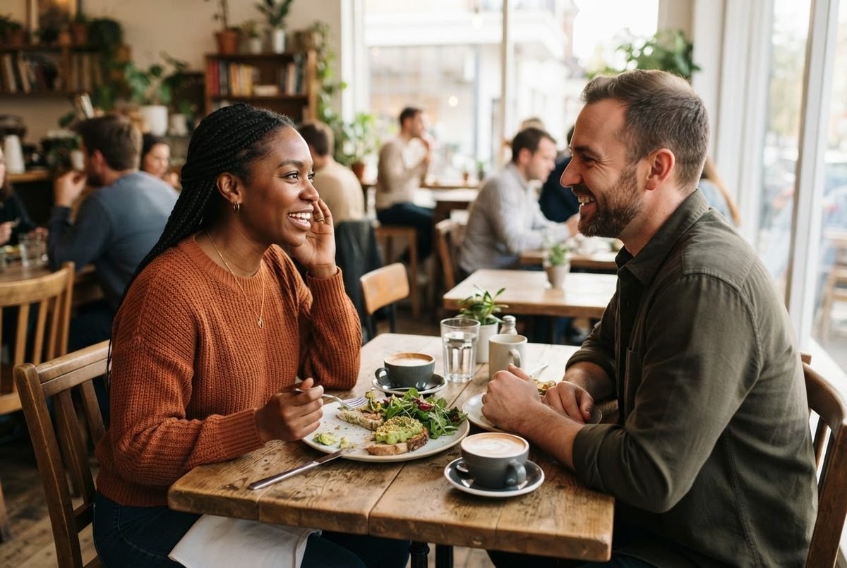 Smiling woman and man chatting across a café table over coffee and salad, illustrating woman relationship communication.