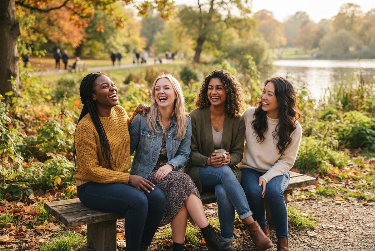 Four women laughing together on a park bench in autumn, with trees, fallen leaves, and a lake behind them.
