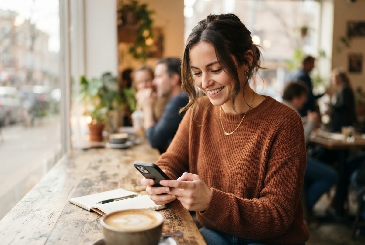 Smiling woman in a rust-colored sweater texting on her phone at a café table beside a latte and open notebook.