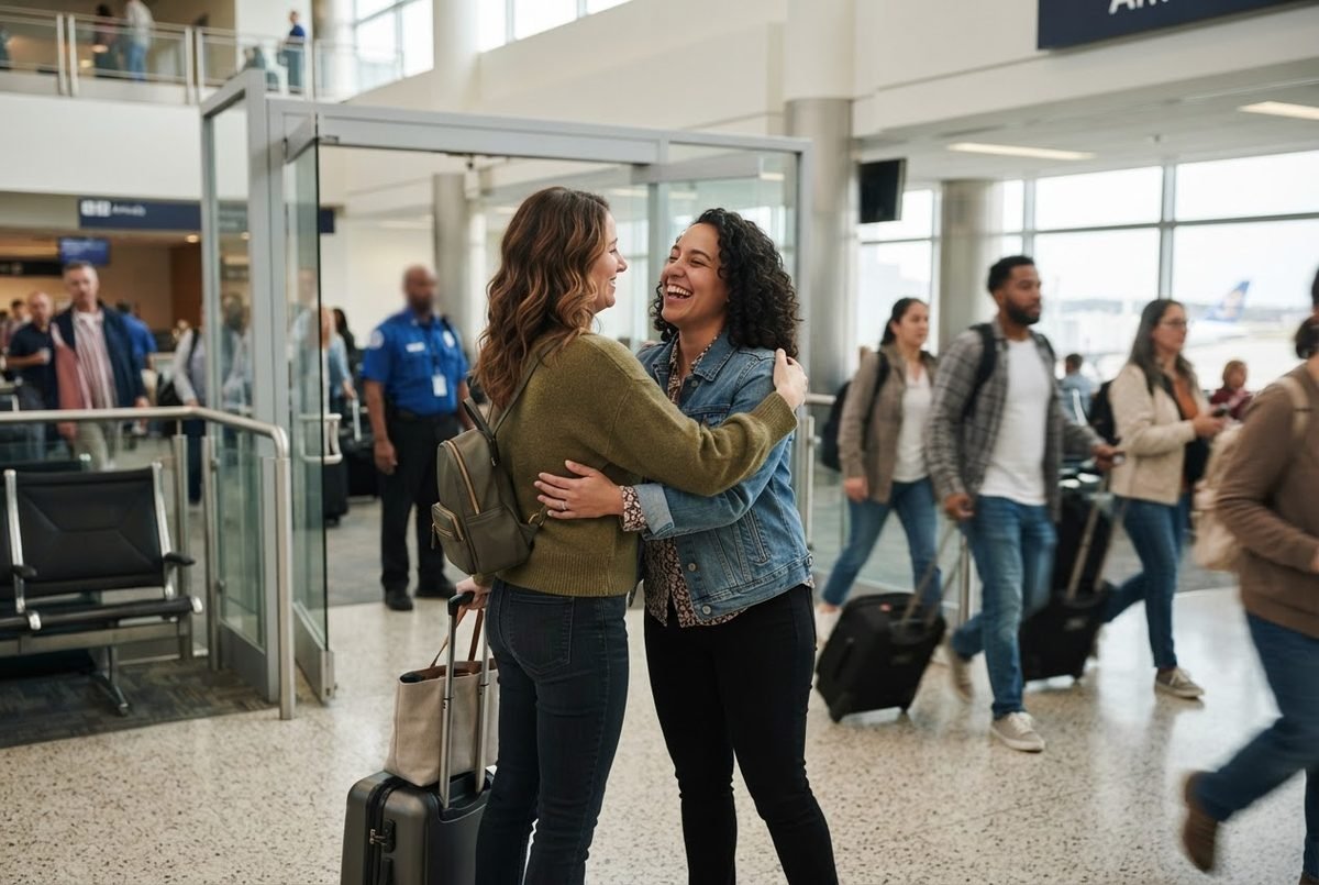 Traveller greeting someone in an airport arrivals hall