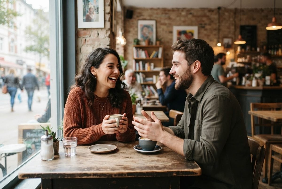 Woman in a rust sweater laughs with a bearded man in an olive shirt over coffee at a cafe table, women for romance.